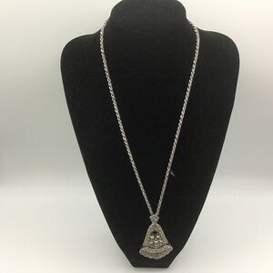 Silver tone extra long rope necklace w silver tone and rhinestones Pendant